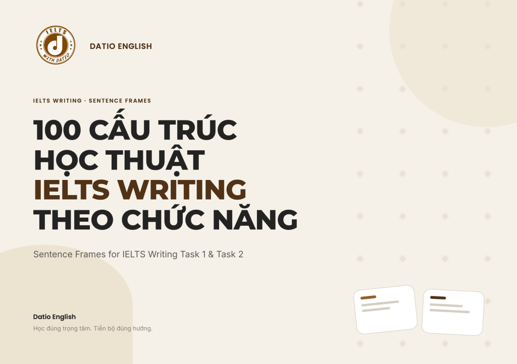 Tài liệu PDF 100 cấu trúc học thuật IELTS Writing theo chức năng, kèm cách dùng cho Task 1, Task 2, overview và conclusion.