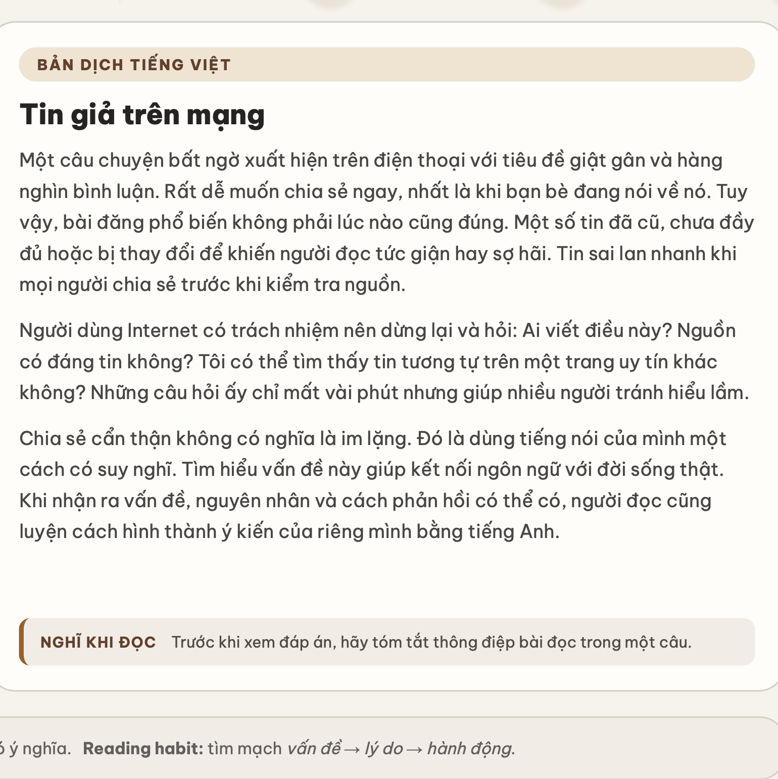 Bản dịch tiếng Việt của bài đọc song ngữ Anh Việt