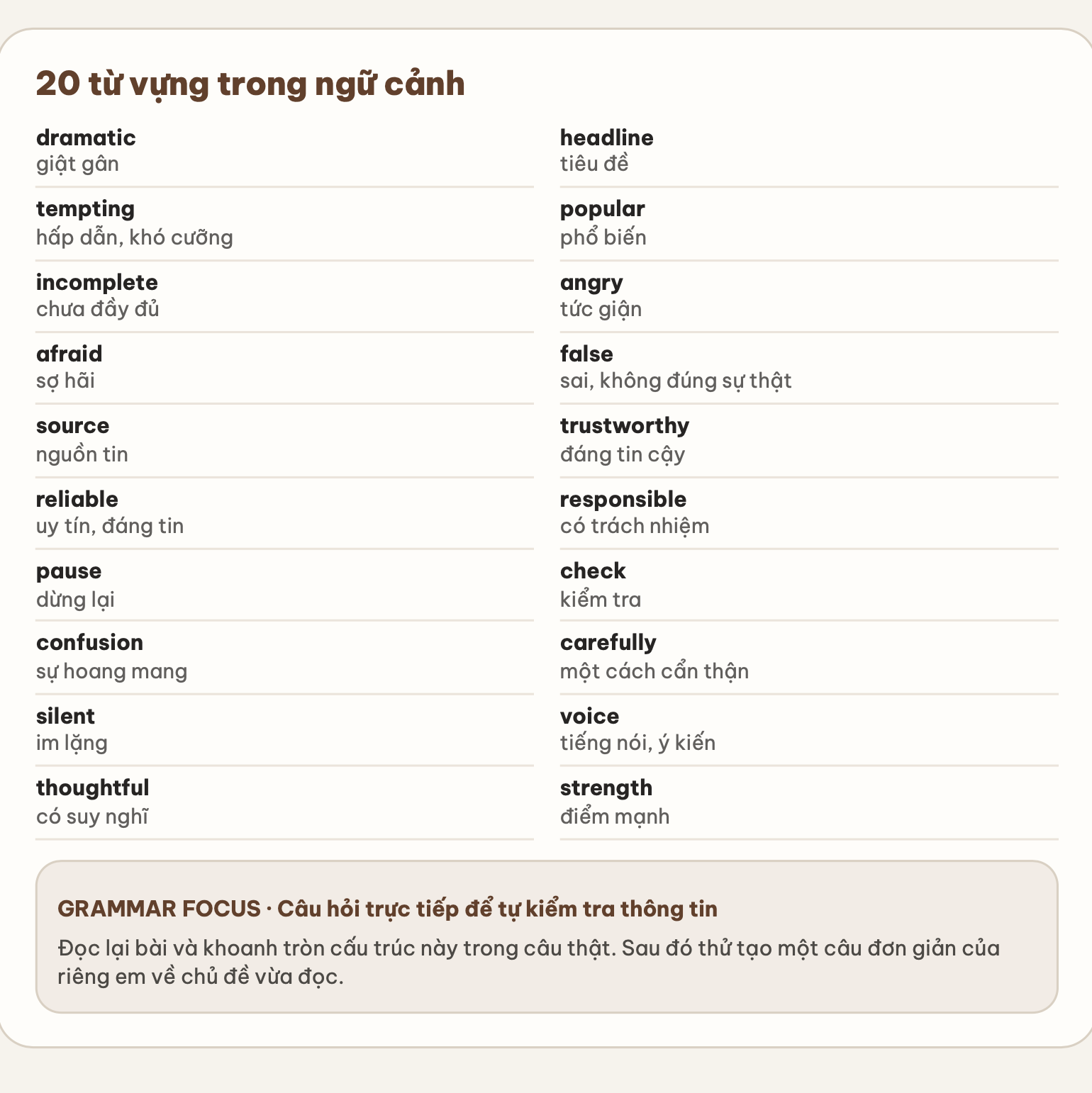 20 từ vựng trong ngữ cảnh từ bài đọc song ngữ Anh Việt
