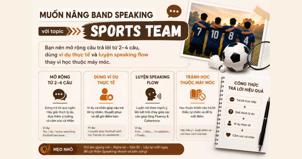 Infographic IELTS Speaking Part 1 chủ đề Sports Team với hướng dẫn nâng band Speaking thông qua speaking flow, collocations, ví dụ thực tế và kỹ thuật mở rộng câu trả lời tự nhiên.