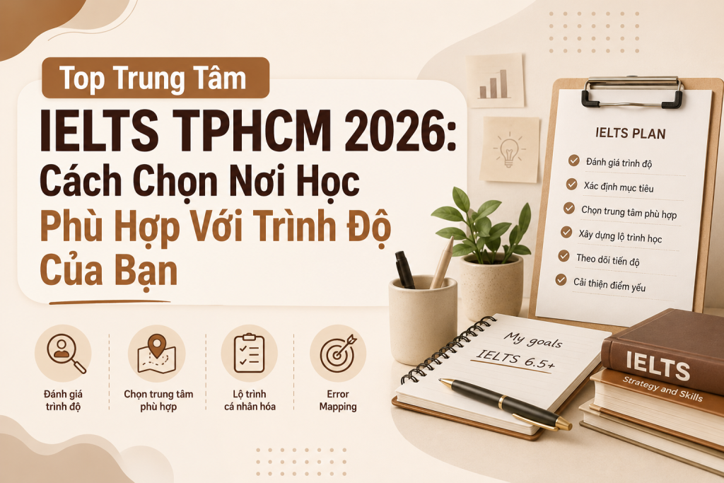 Hướng dẫn chọn trung tâm IELTS TPHCM phù hợp với trình độ hiện tại, mục tiêu band điểm và phương pháp học trong năm 2026. Bài viết phân tích các tiêu chí quan trọng khi lựa chọn trung tâm luyện thi IELTS uy tín tại TP.HCM.