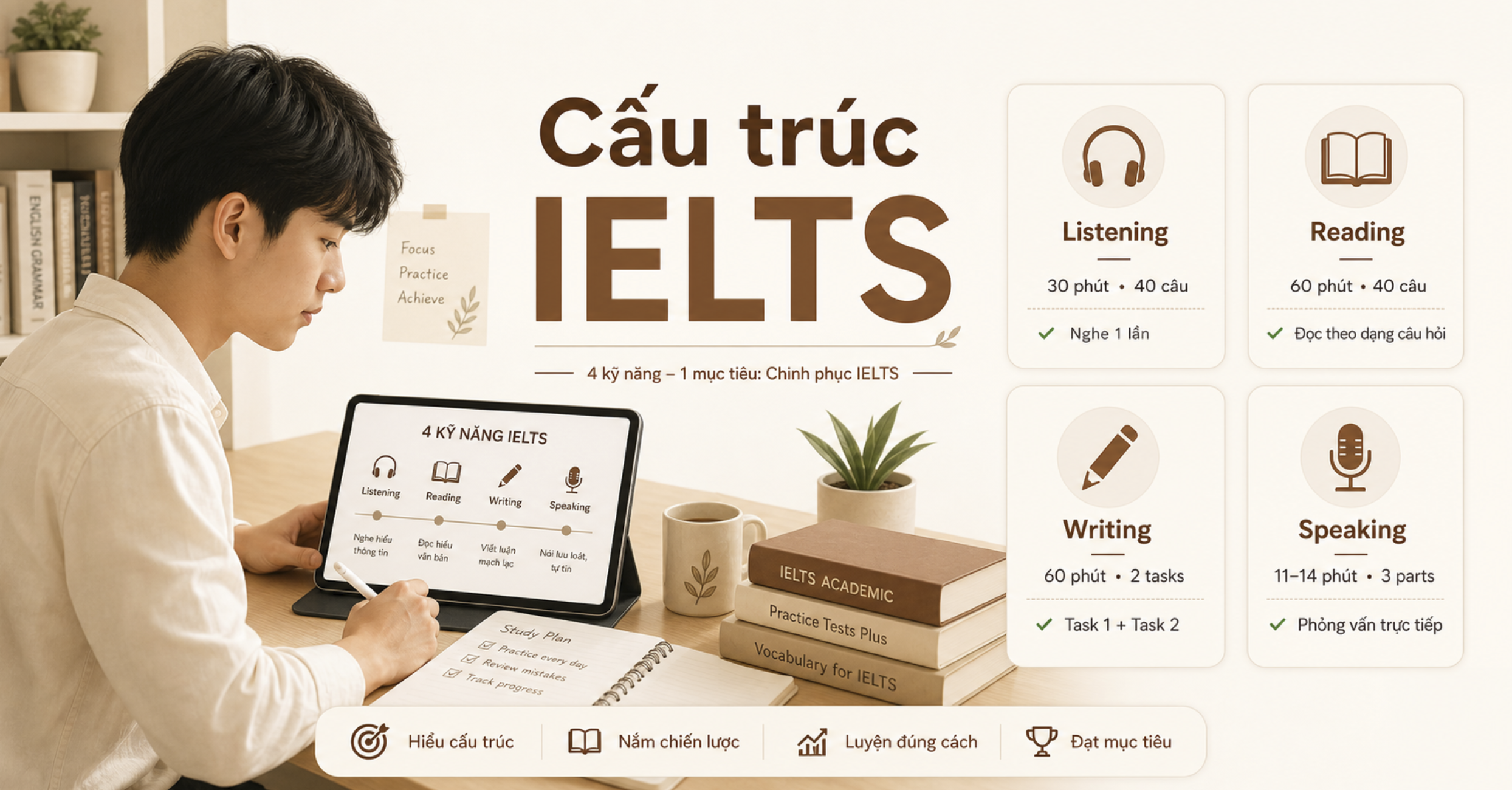 Cấu trúc bài thi IELTS gồm Listening Reading Writing Speaking