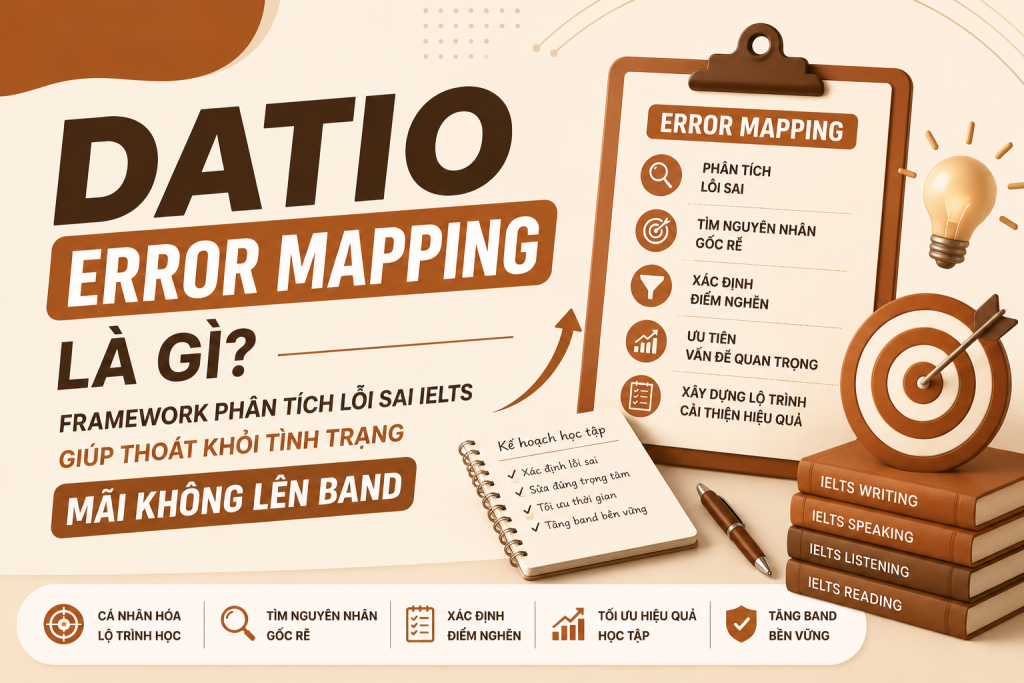 DATIO Error Mapping là framework phân tích lỗi sai IELTS giúp xác định điểm yếu, tìm nguyên nhân mất điểm và xây dựng lộ trình tăng band hiệu quả.
