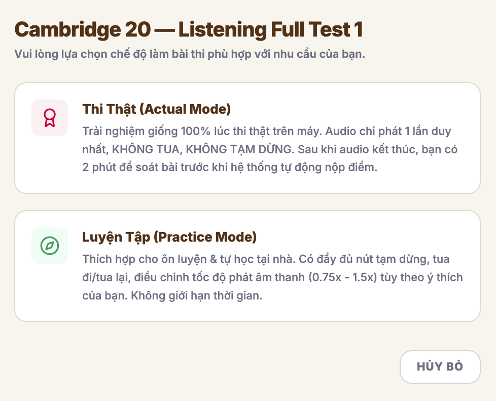 Hai chế độ luyện IELTS Listening online trên Datio TestLab: Thi Thật mô phỏng thi máy và Luyện Tập tự do tua audio