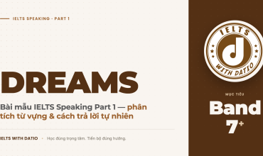 Bài mẫu Dreams IELTS Speaking Part 1 Band 7+ đầy đủ 4 câu hỏi, từ vựng kèm IPA, collocations tự nhiên và công thức AREF giúp bạn mở rộng câu trả lời tự tin.