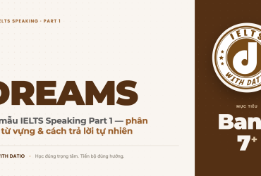 Bài mẫu Dreams IELTS Speaking Part 1 Band 7+ đầy đủ 4 câu hỏi, từ vựng kèm IPA, collocations tự nhiên và công thức AREF giúp bạn mở rộng câu trả lời tự tin.