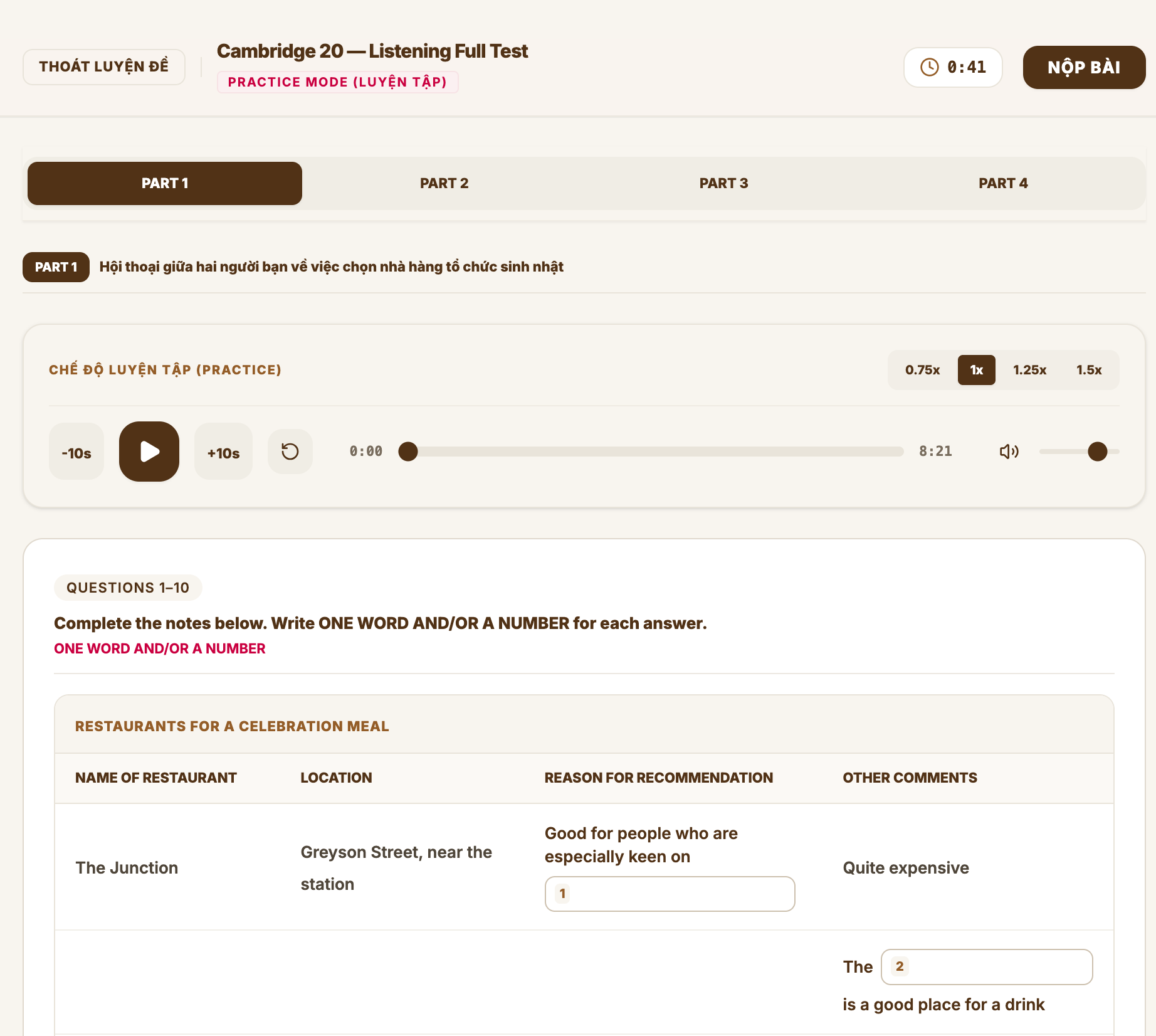 Giao diện luyện IELTS Listening online của Datio TestLab với audio player chỉnh tốc độ và đề Cambridge 20