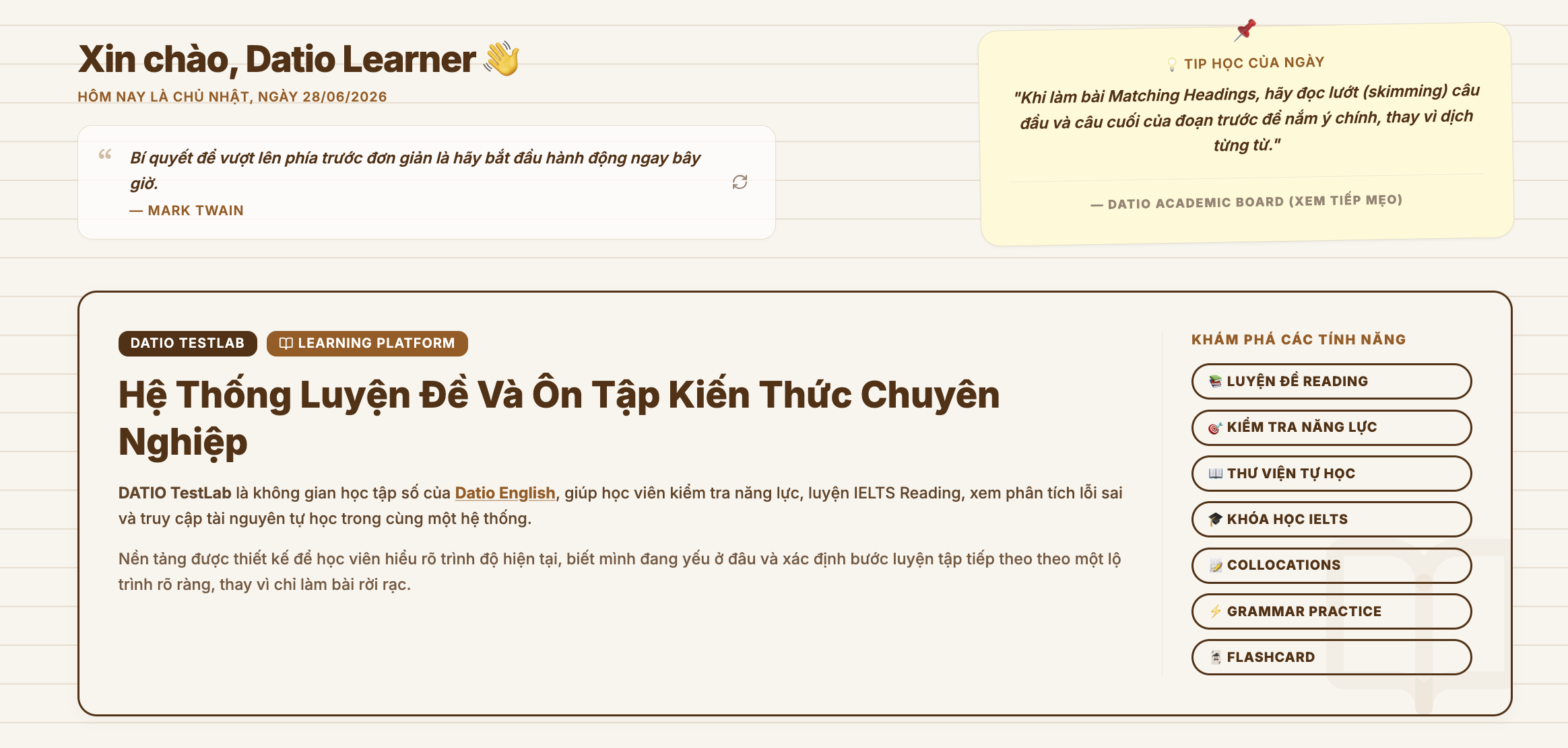 Giao diện nền tảng Datio TestLab của Datio English