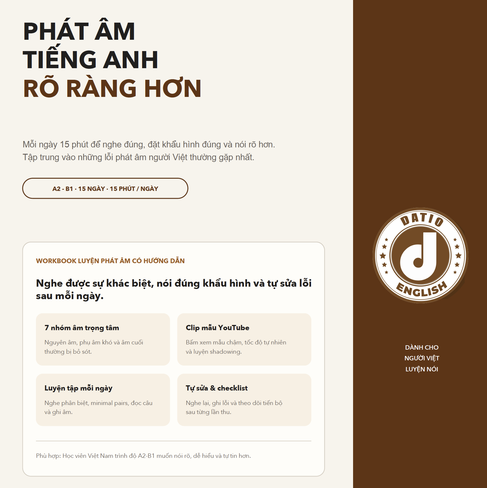 Tài liệu luyện phát âm tiếng Anh 15 ngày giúp nói rõ ràng hơn cùng Datio English