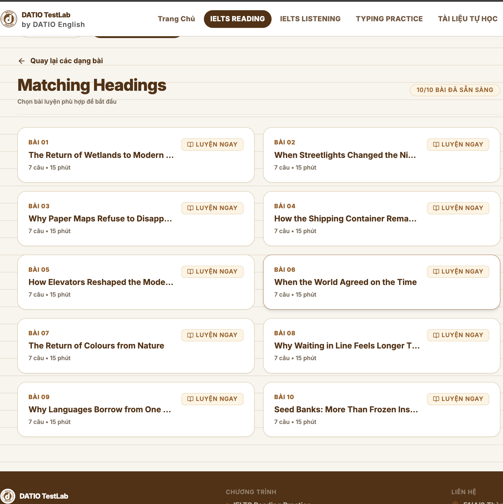 Matching Headings IELTS Reading trên nền tảng Datio TestLab