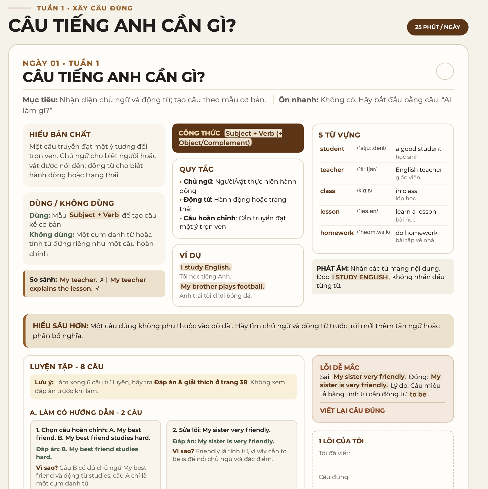Tuần 1 xây nền tảng trong tài liệu ngữ pháp tiếng Anh 30 ngày